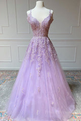 V Neck Off Shoulder Long Lilac Lace Prom Dress, Off Shoulder Purple Lace Formal Graduation Evening Dress