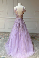 V Neck Off Shoulder Long Lilac Lace Prom Dress, Off Shoulder Purple Lace Formal Graduation Evening Dress