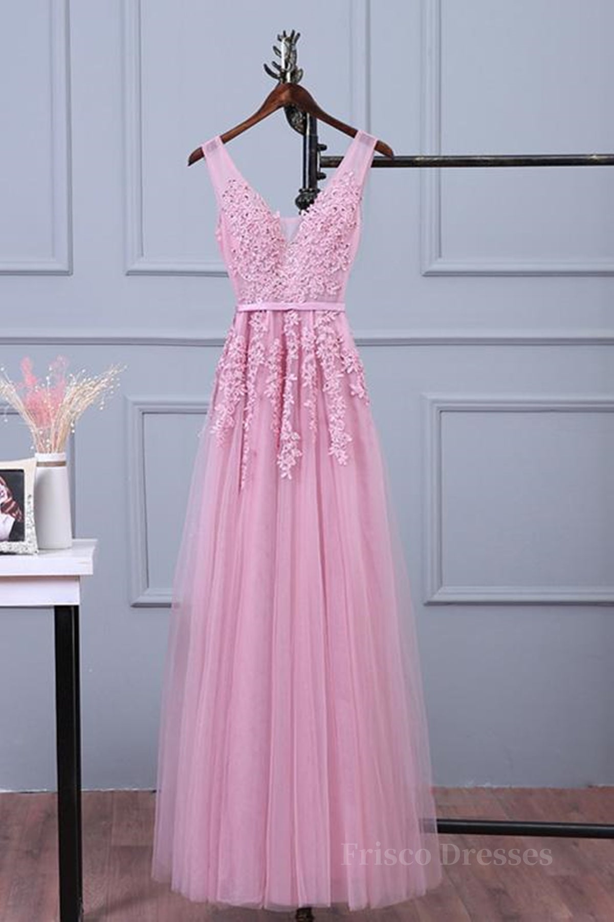 V Neck Pink Lace Prom Dresses, Pink V Neck Lace Bridesmaid Formal Dresses