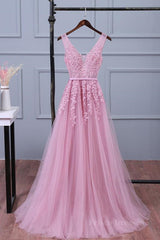 V Neck Pink Lace Prom Dresses, Pink V Neck Lace Bridesmaid Formal Dresses