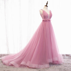 V Neck Pink Tulle Prom Dresses with Train, Pink Long Formal Evening Graduation Dresses