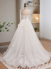 White A-line Tulle Long Prom Dress, White Tulle Formal Dress