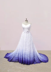 White and Purple Sweetheart Lace Prom Dress, Ombre Prom Dresses with Flowers