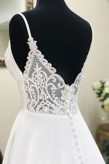 White v neck chiffon long prom dress, white lace evening dress