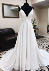 White V-Neck Long Prom Dresses, A-Line Lace Evening Dresses