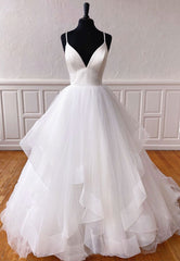 Plunging V-Neck Tulle Long Prom Dresses, White Evening Dresses