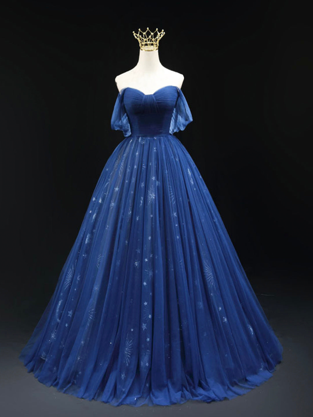 Beautiful Blue Tulle Floor Length Prom Dress, A-Line Off the Shoulder Princess Dress Evening Dress