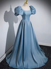 Blue Puff Sleeve Satin Floor Length Prom Dress, Blue A-Line Evening Party Dress