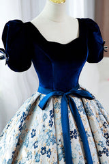 Blue Short Sleeve A-Line Floor Length Prom Dress, Blue Evening Dress