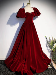 Burgundy Velvet Floor Length Prom Dress, Beautiful Open Back Evening Dress with Pearls